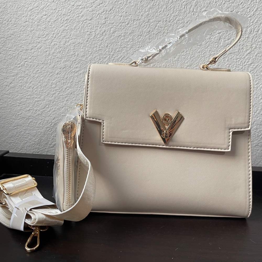 Valentino Orlandi Cream Satchel with Gold Accents